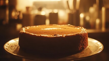 Freshly Baked Cake on a Stand with Warm Background Lighting