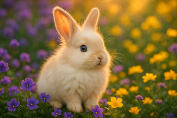 Adorable fluffy bunny sitting in a field of colorful wildflowers