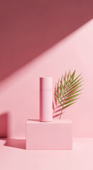 Minimalist pink podium with a single white cosmetic product and a dried palm leaf isolated on transparent background