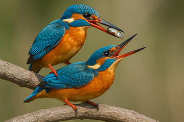 Two kingfishers perched on a branch with one bird feeding the other