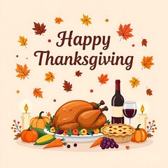 Autumn harvest thanksgiving celebration table with roasted turkey pies wine candles pumpkins grapes corn and fall leaves for seasonal holiday background and festive dinner invitation illustration