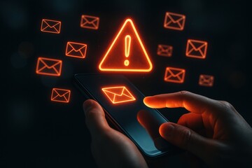 Digital Alert: A person's hand interacts with a smartphone displaying a bold warning symbol, surrounded by a flurry of email icons, conveying an atmosphere of immediate concern in the digital space.