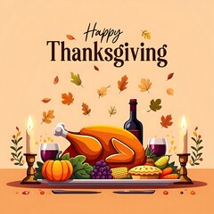 Traditional thanksgiving holiday table with roasted turkey pumpkin pie seasonal fruits vegetables wine and candles surrounded by autumn leaves for festive greeting background and seasonal illustration