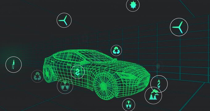 Appearing neon wireframe car sliding through grid, showcasing shifting energy and industry icons