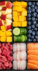 Freshly prepared assortment of sushi ingredients including salmon tuna cucumber mango and blueberries isolated on transparent background