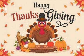 Happy thanksgiving greeting with smiling turkey in pilgrim hat, pumpkins, cornucopia, autumn leaves and decorative lettering, cheerful holiday vector for seasonal cards, posters and invites