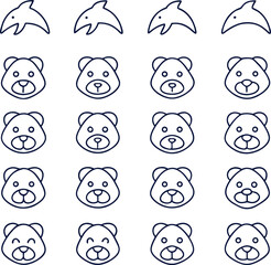 Collection of hand drawn animal icons dolphin and bear faces isolated on white background