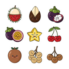 A charming collection of cute kawaii fruit characters. Set of exotic tropical fruits like rambutan, mangosteen, and star fruit as cartoon icons.