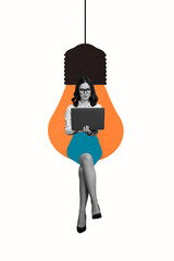 Composite artwork photo collage template sketch of young lady sit lamp creative work laptop jigsaw puzzle idea mind startup think
