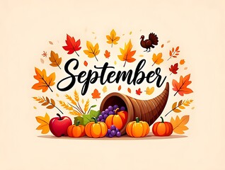 September autumn harvest scene with vibrant fall leaves cornucopia full of fruits wheat and turkey illustration for thanksgiving cards seasonal banners and autumn festival decorations