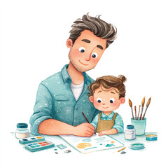 Watercolor illustration of a father and daughter painting together with art supplies