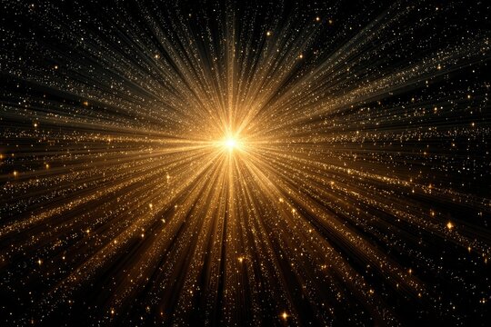 Radiant burst of golden light radiating outward from a central point on a black background - Powered by Adobe