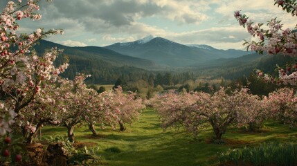 Springtime blossom orchard valley