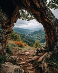 Obraz premium A weathered tree trunk archway frames a vista of forested hills