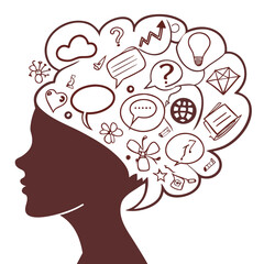 Silhouette of Head with Overlapping Speech Bubbles Communication Dialogue Conversation Concept