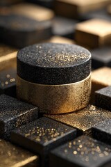 Geometric, black and gold, textured packaging.  Close-up.  Circular container with gold band atop a grid of square and cylindrical shapes.  Gold glitter accents