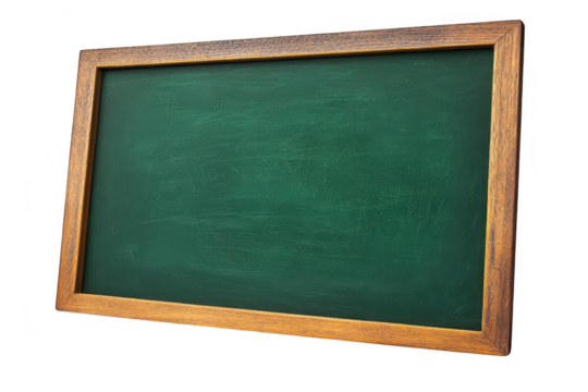 Old green chalkboard with wooden frame tilted, isolated on transparent background