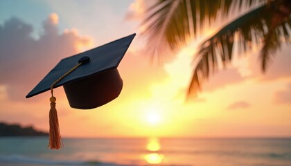 Graduation cap rests on a tropical beach at sunset. This image symbolizes educational achievement and the pursuit of success, ideal for celebrating academic milestones and new beginnings.