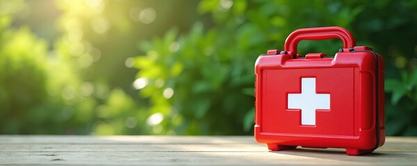 Red first aid kit with white cross symbol on wooden table outdoors. Preparedness for emergencies accidents. Essential medical supply for healthcare, safety, rescue. Natural green bokeh background