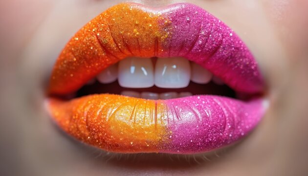 Macro shot of open mouth, lips coated in vibrant glitter. Gradient of orange to pink colors with sparkling texture. Clean white teeth visible. Suggests glamour, beauty, and cosmetic artistry.