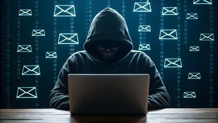 Anonymous hacker in a hoodie using a laptop surrounded by email icons