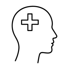 Outline of a human head with a plus sign inside representing positive mental health and wellbeing