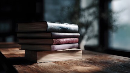 Stack of books on a wooden desk with natural morning light
