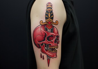 Old school red skull and dagger tattoo
