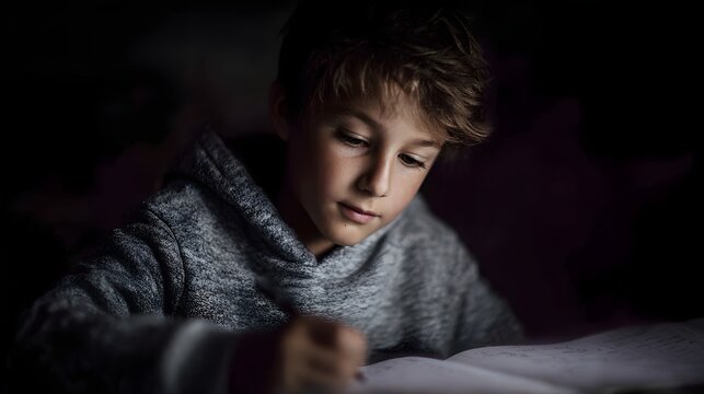 Child diligently solving math problems at a desk with dramatic lighting