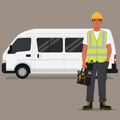 A construction worker in safety vest and helmet stands in front of a van, holding a toolbox, ready for a repair or maintenance job, vector illustration