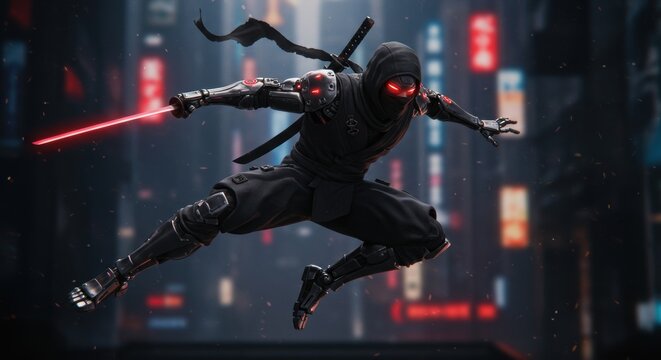 Cyberpunk Ninja in Urban Combat: A futuristic ninja, clad in black, leaps into action in a neon-lit urban landscape. Equipped with a glowing red blade, the ninja embodies stealth, agility.