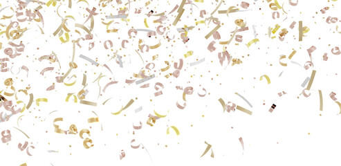 Beautiful image of gold, pink, and white confetti falling on a white background. Perfect for celebrations!