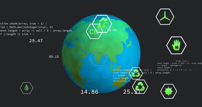Defining castArray snippet starting rotating 3D globe orbiting icons updating sustainability data