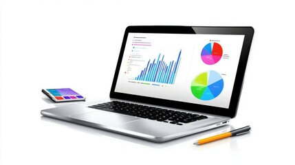 Modern Laptop Displaying Colorful Graphs and Data Analysis