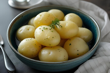 Blue Ceramic Bowl of Boiled Peeled Potatoes with Fresh Dill
