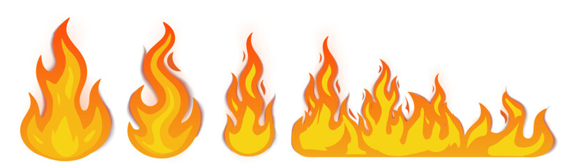 Bonfire flame icon collection. Flat vector set of different shapes for warning signs, heating, campfires, energy projects, and decorative design isolated on white.