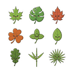 Cute kawaii leaf character set. Illustration of smiling nature icons including maple, oak, monstera, and clover.