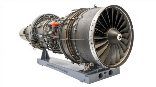 Detail of a jet engine model showcasing advanced design PNG. AI GENERATED.
