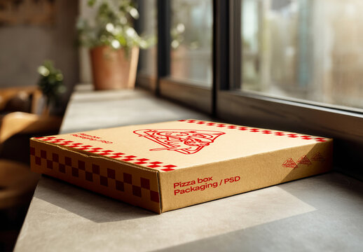 Pizza Box Packaging Mockup on Window Ledge
