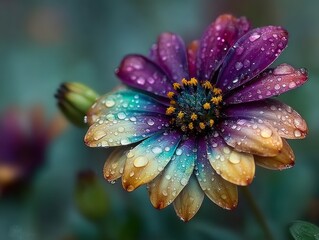 Closeup of a vibrant, multicolored flower with dew drops on its petals, showcasing natures delicate beauty and fresh, wet flora