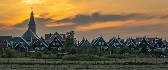 Fototapeta premium Panorama of Marken by sunset, idyllic dutch village in Province North Holland