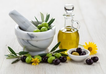 Olive Oil, Fresh Olives, and Mortar for Natural Remedies