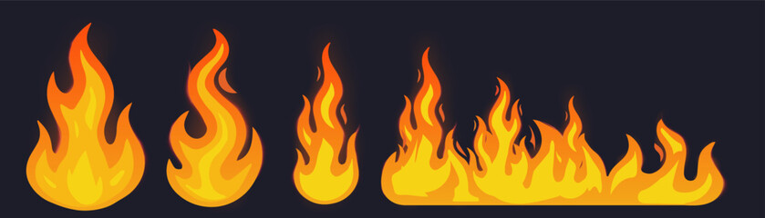 Collection of fire flame icons in different shapes. Burning bonfire set isolated on white for safety signs, hazard labels, heating, camping, energy, and decorative design projects.