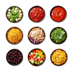 Colorful Array of Fresh Toppings for Tacos and Salads in Bowls on a Dark Background on transparent background
