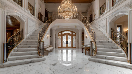 Grand White Marble Staircase in Luxurious Home Entrance