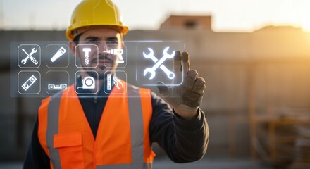 Male worker in a yellow hard hat touching a digital screen with tool icons, representing repair and maintenance services for industry.