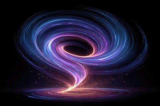 Abstract swirling vortex of vibrant blue, purple, and light orange hues on a dark background