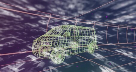 Wireframe van in tunnel as glowing code streams emerging and swirling past to visualize data flow - Powered by Adobe
