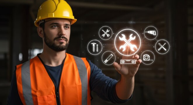 Caucasian man in hard hat touching virtual screen with tool icons. Building professional. Industrial service and maintenance concept. - Powered by Adobe