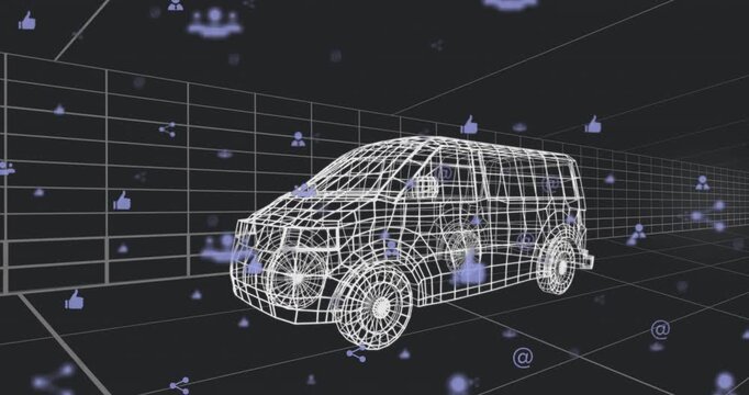 On start purple social icons drifting past wireframe van and fading behind grid showing engagement